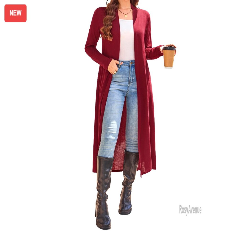 Lightweight Knit Long Cardigan Shawl Collar Open Front Floor Length Duster